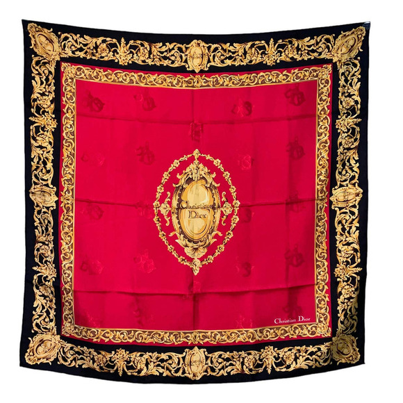 Christian Dior Gold Red Monogram Print 100% Silk Scarf NWOT - Picture 1 of 15